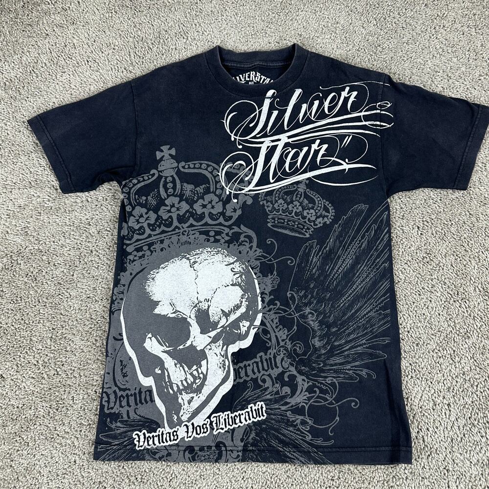 VINTAGE Silver Star Shirt Mens Medium Black White Skull Cyber Grunge AOP Skater